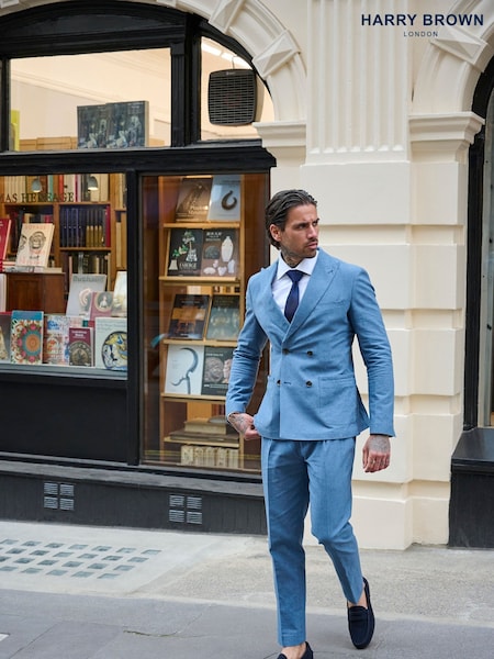 Harry Brown Blue Slim Fit Oliver Linen Cotton Blend Suit: Smart Trousers (E59095) | AED437