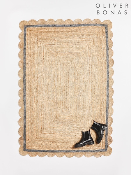 Oliver Bonas Charcoal Grey/Blue Scalloped Jute Border Rug (E59176) | €171
