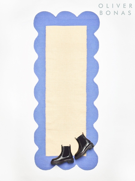Oliver Bonas Blue Cecily Handwoven Scalloped Wool and Cotton Runner (E59178) | €129