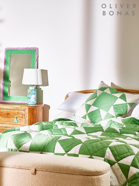 Oliver Bonas Green Kaira 100% Cotton Patchwork Bedspread (E59186) | €225