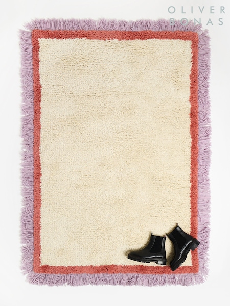 Oliver Bonas White/Purple Danton Fringed Fluffy Rug (E59188) | €306