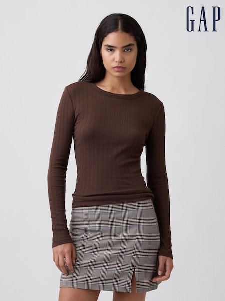 Brown - Gap Essential Ribbed Pointelle Long Sleeve T-shirt