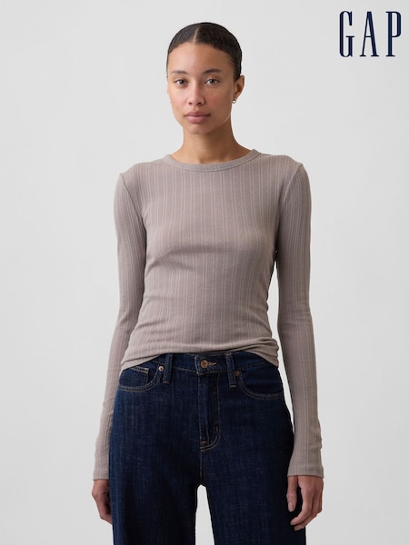 Cool Brown - Gap Essential Ribbed Pointelle Long Sleeve T-shirt