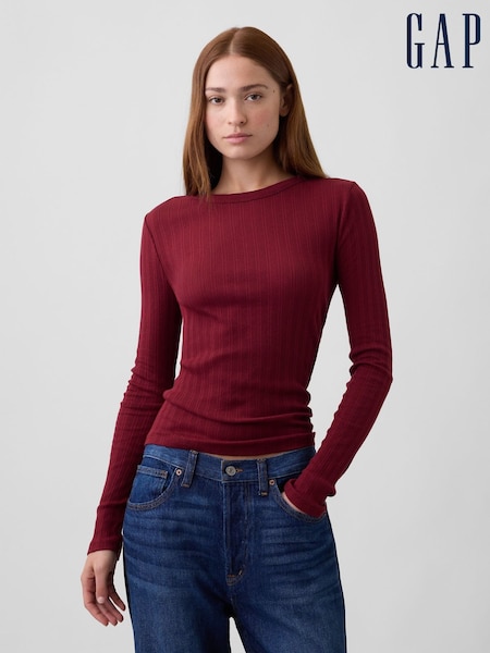 Burgunderrot - Gap Essential Ribbed Pointelle Long Sleeve T-shirt