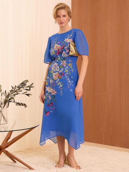 Albastru - V&A | Love & Roses cu mânecă evazată Placement Imprimeu Midi Rochie (E59353) | 309 LEI