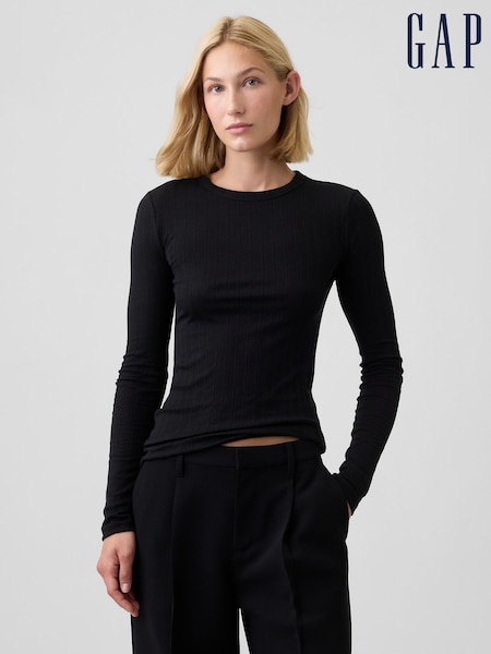 Black - Gap Essential Ribbed Pointelle Long Sleeve T-shirt