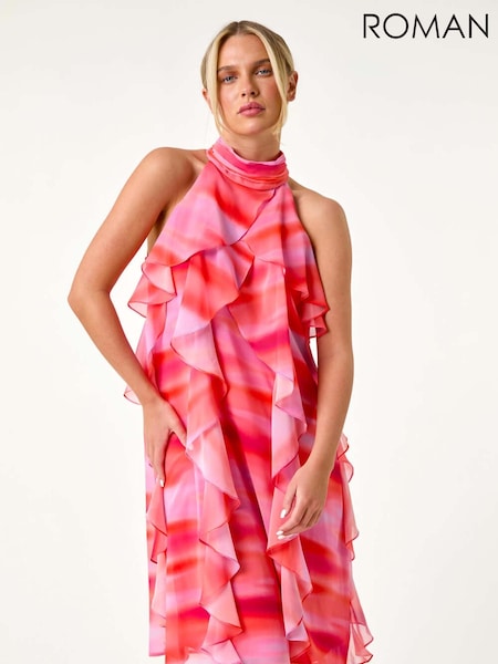 Roman Orange Abstract Halter Neck Ruffle Dress (E59525) | €79