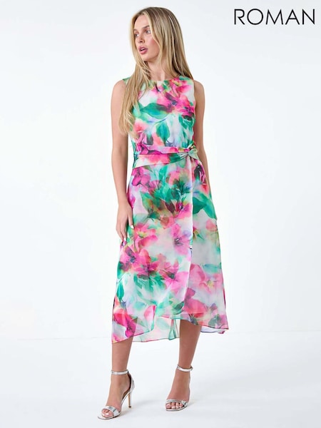 Roman Pink Floral Midi Wrap Dress (E59528) | €85