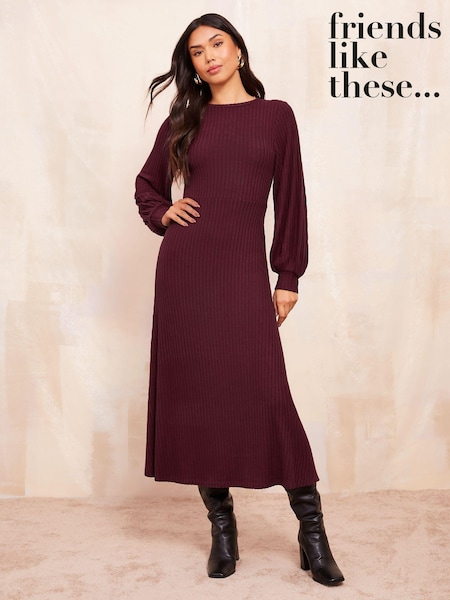 Friends Like These Red Long Sleeve Rib Batwing Midi Dress (E59548) | €30