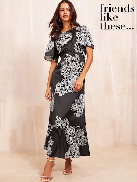 Friends Like These Black Floral Flutter Sleeve Printed Satin Midi Summer Dress (E59550) | €22
