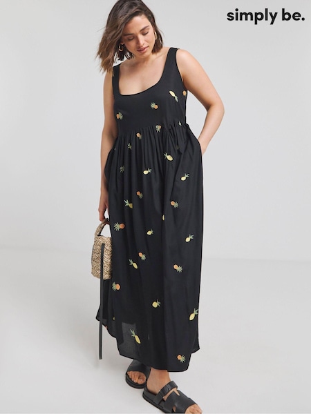 Simply Be Black Poplin Pineapple Embroidered Midi Dress (E59612) | €62