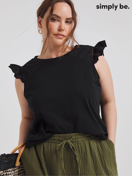 Simply Be Black Broderie Frill Sleeve with Ladder Trim 100% Cotton T-Shirt (E59626) | 54 QAR
