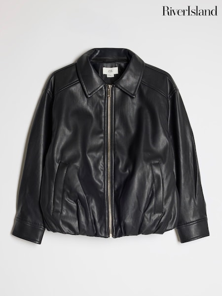 Black - River Island Faux Leather Bubble Hem Bomber Jacket