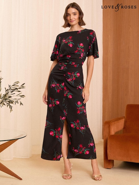 Negru cu flori - Rochie midi încrețită cu mânecă evazată Love & Roses (E59767) | 207 LEI