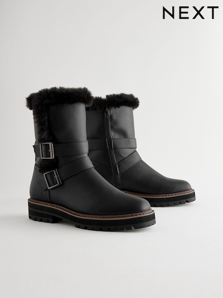 Black Forever Comfort® Faux Fur Double Buckle Ankle Boots (E59772) | SGD 103
