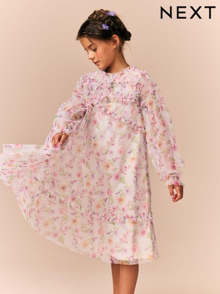 Pink Floral Long Sleeve Mesh Ruffle Occasion Dress (3-16yrs) (E59774) | OMR12 - OMR15
