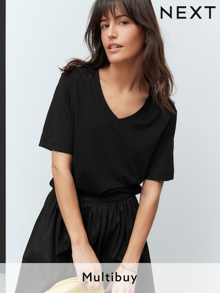 שחור - Cotton Modal Slouch V-neck T-shirt (E59952) | ‏33‏₪