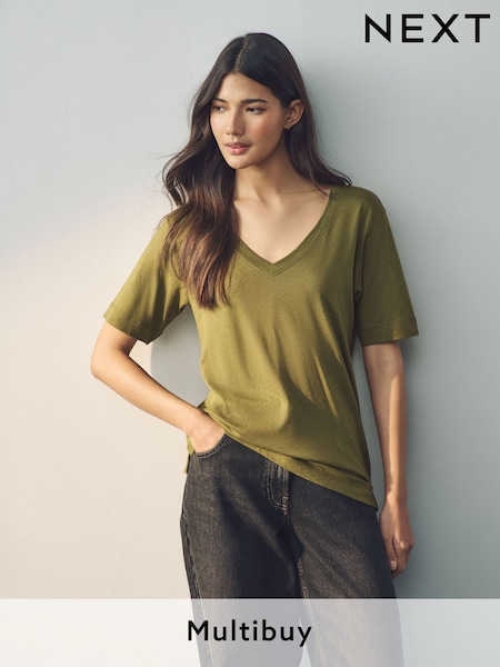 Olive Vihreä - Cotton Modal Slouch V-kaula-aukko T-paita (E59960) | €14