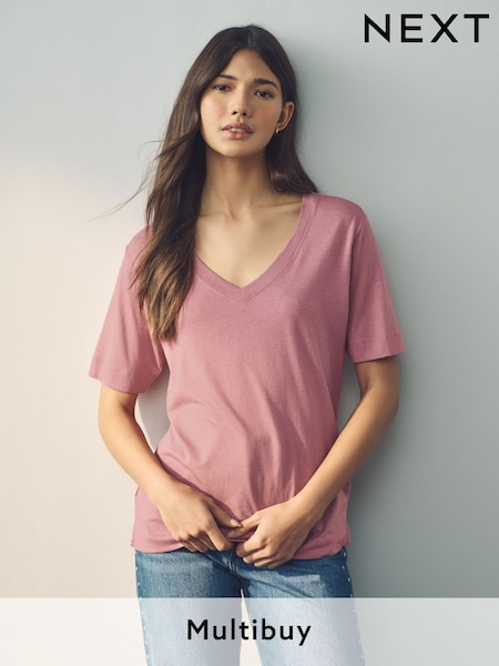 ורוד פטל - Cotton Modal Slouch V-Neck T-Shirt (E59961) | ‏33‏₪