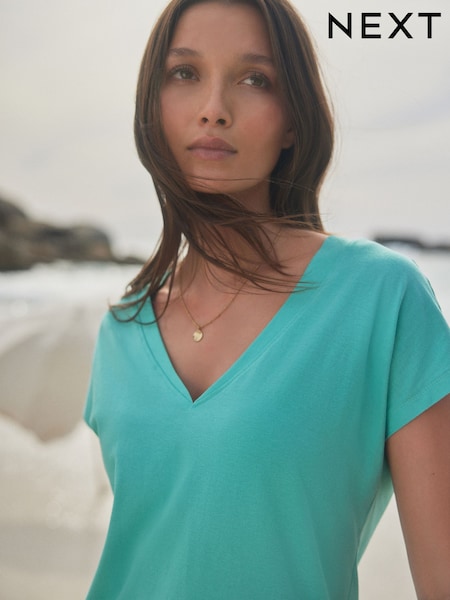 Синий - V-Neck Cap Sleeve T-Shirt (E59973) | €8