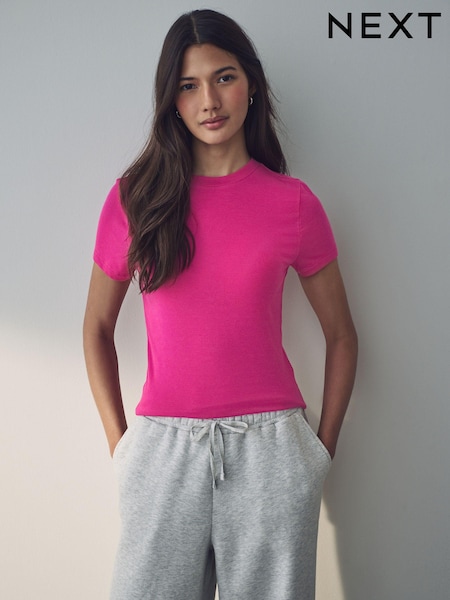 Raspberry Pink Soft Touch Ribbed Short Sleeve T-Shirt with TENCEL™ Lyocell (E60011) | €12