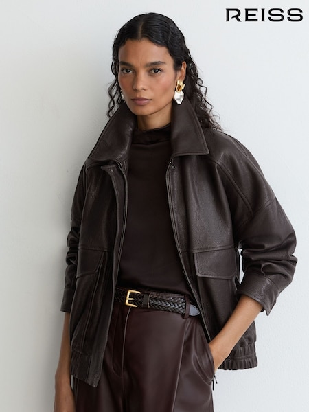 Ebony Brown - Reiss Maeve Petite Grained-leather Twin-pocket Relaxed Jacket