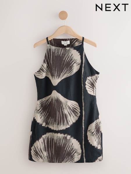 طبعة صدفة أسود - Mini Sleeveless Racer Stretch Linen Blend Dress (E60074) | ‏75 د.إ.‏