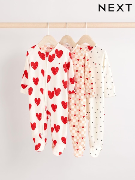 Cream Sydän - Valentines Two Way Zip Baby 100% Cotton Sleepsuits 3 Pack (0-2yrs) (E60080) | €31 - €34