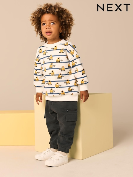 White and Navy Blue Striped Digger Sweatshirt and Utility Joggers 2 Piece Set (3mths-7yrs) (E60678) | €16 - €20