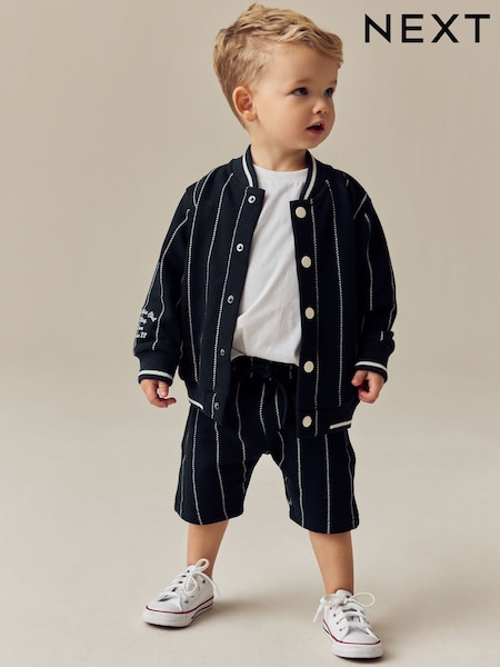 Navy Blue Stripe 100% Cotton Jersey Letterman Jacket and Shorts Set (3mths-7yrs) (E60719) | $39 - $46