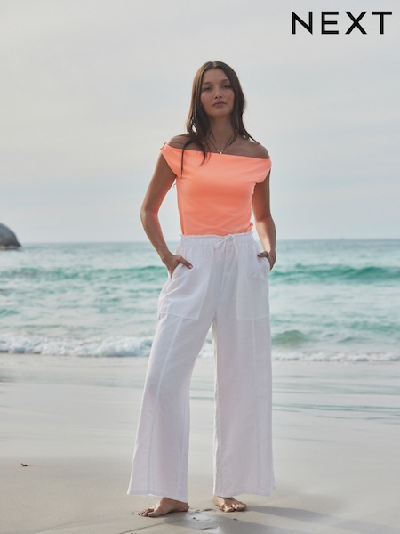 Valkoinen - Leveä lahje Pull-On Pellava Blend Housut (E60772) | €47