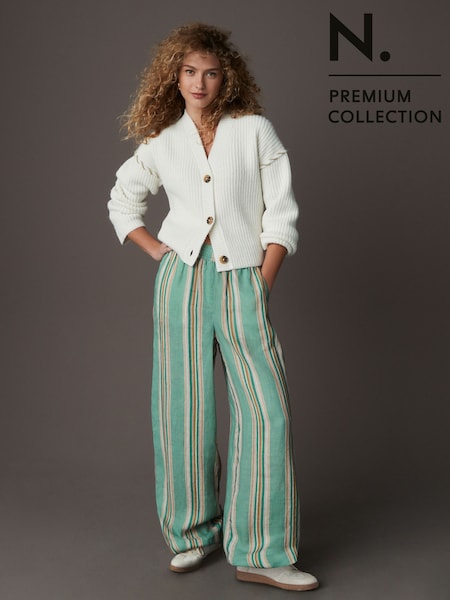 Green Stripe N. Premium 100% Linen Wide Leg Pull-on Trousers (E60776) | kr689