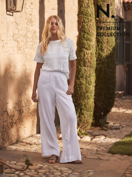 White N. Premium 100% Linen Wide Leg Pull-on Trousers (E60781) | kr663