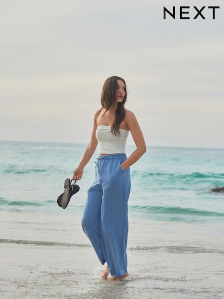 כחול  - Wide Leg Pull-On Linen Blend Trousers (E60784) | ‏113‏₪