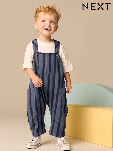 Blue/Black Stripe 100% Cotton Jersey Dungaree And T-Shirt Set (3mths-7yrs) (E60790) | €18 - €22
