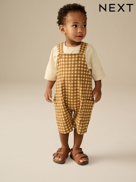 Tan Brown Gingham Jersey Dungaree and Short Sleeve T-Shirt Set (3mths-7yrs) (E60799) | €24 - €29