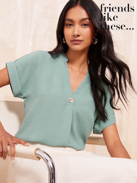 Friends Like These Blue V Neck Roll Sleeve Button Blouse (E61022) | AED75