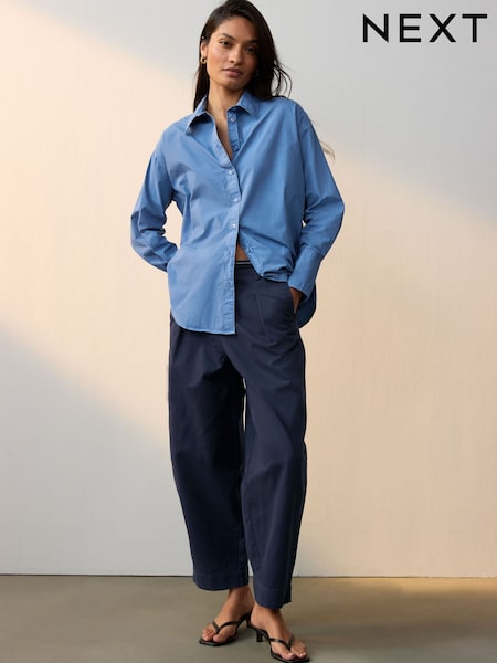 Navy 100% Cotton Barrel Leg Chinos Trousers (E61036) | $65