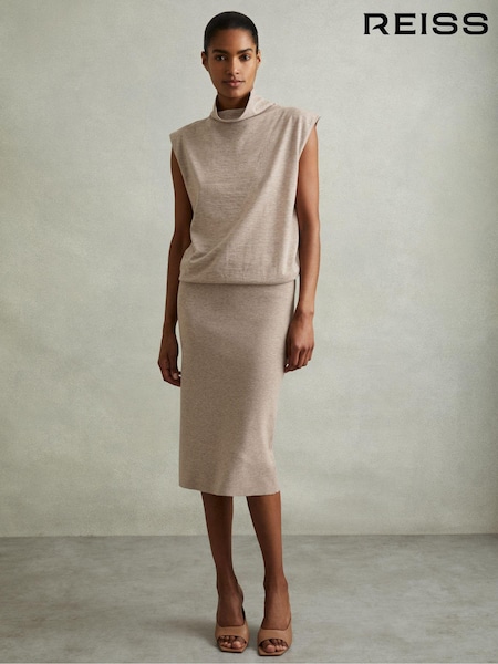 Reiss Neutral Hester Knitted Wool-Cashmere Blouson Top Midi Dress (E61234) | €95