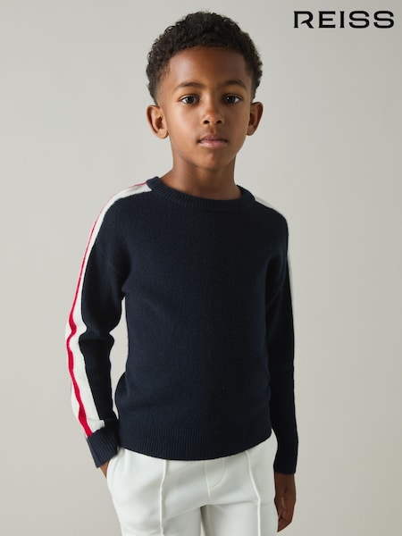 Azul marino/rojo - Reiss Briar Wool Stiped Sleeve Jumper (E61247) | 65 €
