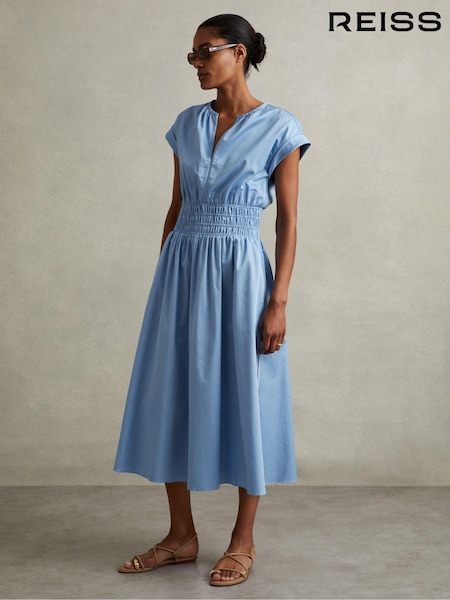 Reiss Blue Lena Cotton Ruched Waist Midi Dress (E61251) | €77