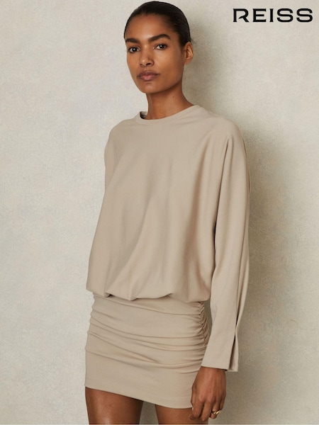 Reiss Neutral Lorenza Ruched Jersey Blouson Top Mini Dress (E61253) | $249