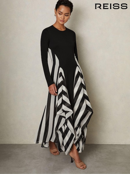 Reiss Black/White Dita Jersey Flared Hem Midi Dress (E61254) | AED1,786