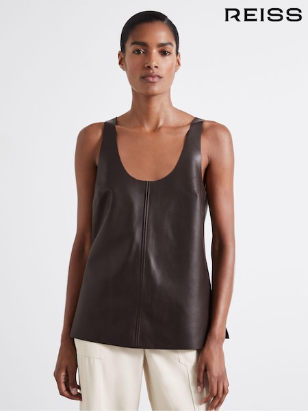 Reiss Chocolate Aliza Atelier Leather Scoop Neck Top (E61264) | €168