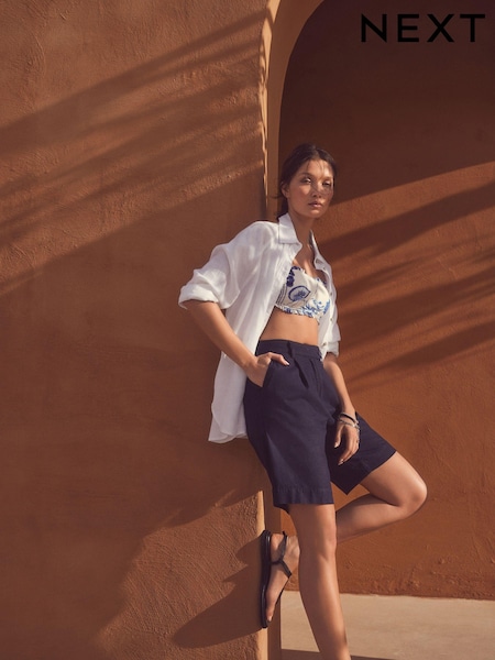 Navy Linen Rich City Shorts (E61280) | $34
