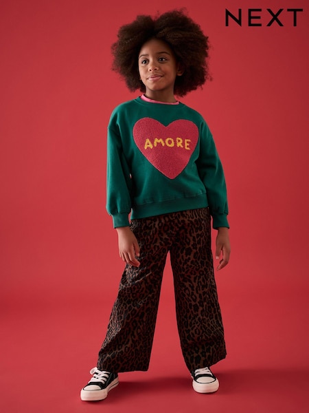 Green 100% Cotton Boucle Heart Sweatshirt And Animal Print Trousers (3-16yrs) (E61419) | 1,070 UAH - 1,318 UAH