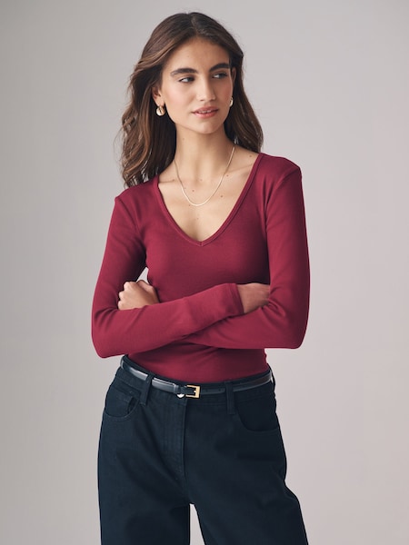 The Set Black/Cream/Light Grey/Wine Red 4 Pack Ribbed V-Neck Long Sleeve T-Shirts (E61647) | OMR7