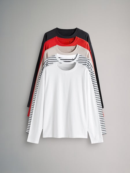 The Set Beige/Navy Blue/Red/White/Navy&White Stripe 5 Pack Relaxed Long Sleeve 100% Cotton T-Shirts (E61648) | €32