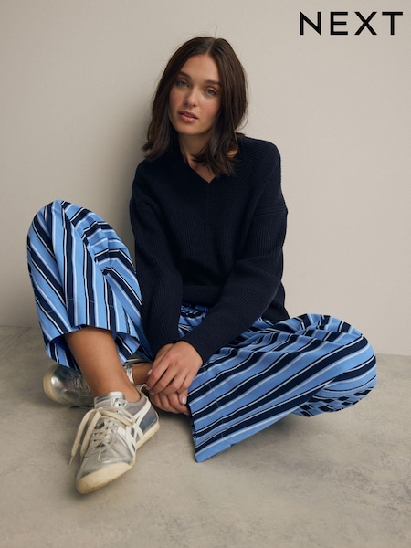 Blue Pull On Stripe Wide Leg 100% Cotton Trousers (E61650) | €13