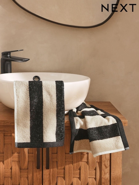 Set of 2 Black/White Block Stripe Face Cloth 100% Cotton Towel Bale (E61671) | €8
